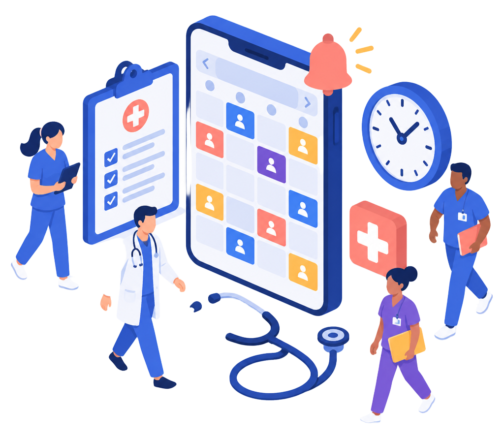 Healthcare staff around a shift calendar